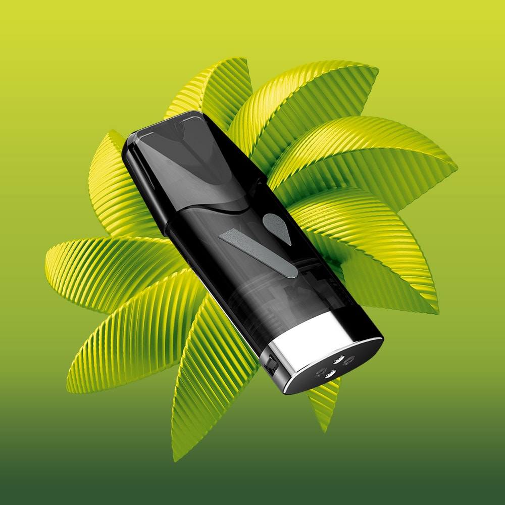 The VUSE Lemon & Lime Extra Intense (1P) vape device is centered over stylized green leaves on a gradient green background, conveying a modern and eco-friendly vibe.