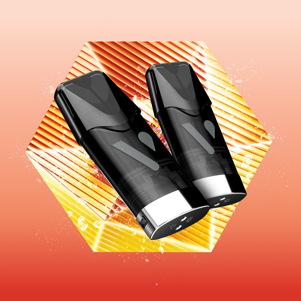 Two sleek black VUSE Peach Ice Extra Intense pods with silver bases are positioned side by side on an orange and yellow hexagonal background with diagonal stripes and water splashes, evoking the vibrant hues associated with VUSE Peach Ice.