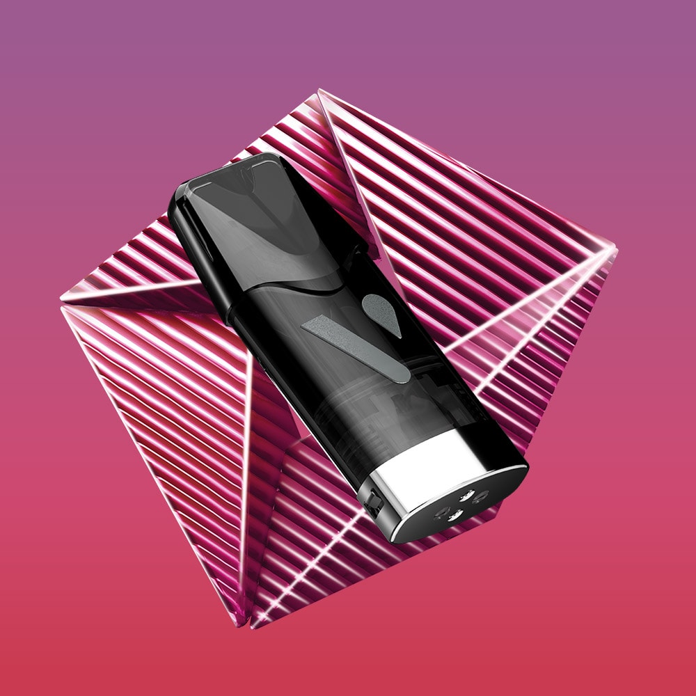 The VUSE Cherry Ice Extra Intense (1P) device is displayed in front of a geometric, pink and white striped structure against a gradient purple to red background.