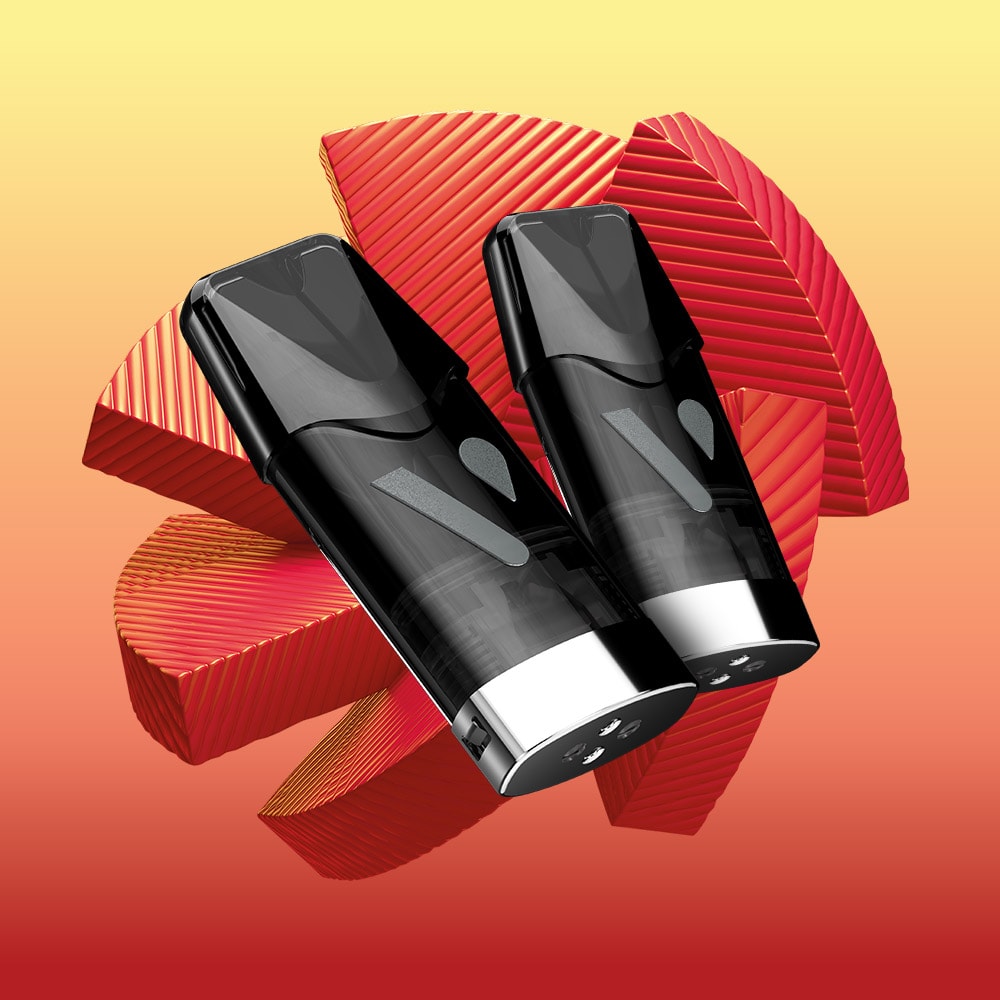 Vuse Ireland Two sleek black Vuse Double Melon Extra Intense pods with silver bases are displayed in front of abstract red and yellow geometric shapes on a yellow-to-orange gradient background, highlighting these premium VUSE pre-filled e-liquid pods infused with smooth nic salts.