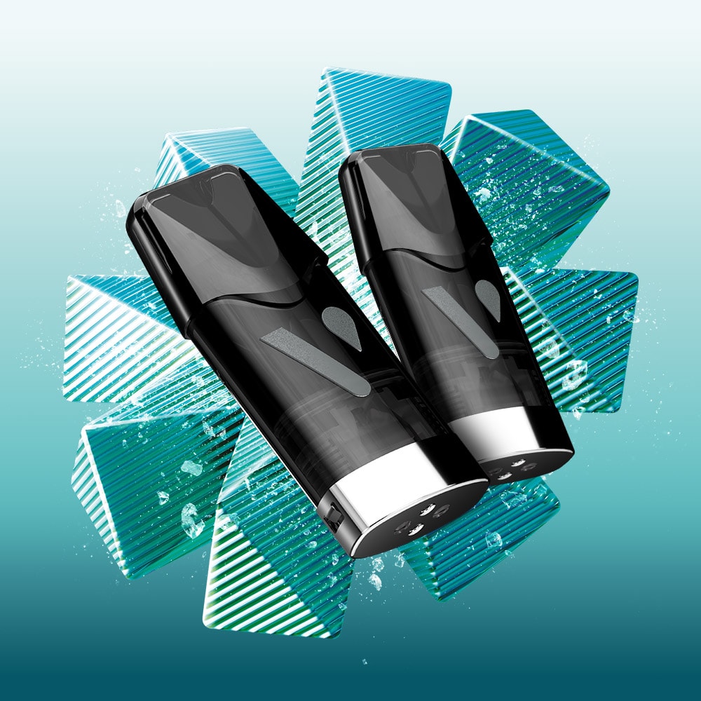 Two sleek black Vuse Pod Mint Ice Extra Intense pods with silver bases are displayed in front of a blue geometric background featuring angled, textured cubes and splash effects. These pre-filled e-liquid pods from VUSE offer a modern aesthetic, perfectly suited for vapers seeking both style and performance.
