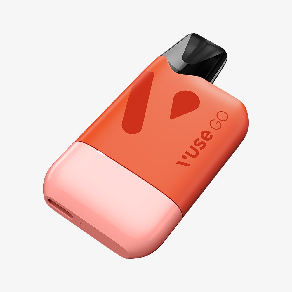A red and pink VUSE Go Reload Watermelon Ice rechargeable vape device with a black mouthpiece, displayed against a plain white background. The device is compatible with refreshing Watermelon Ice pods.