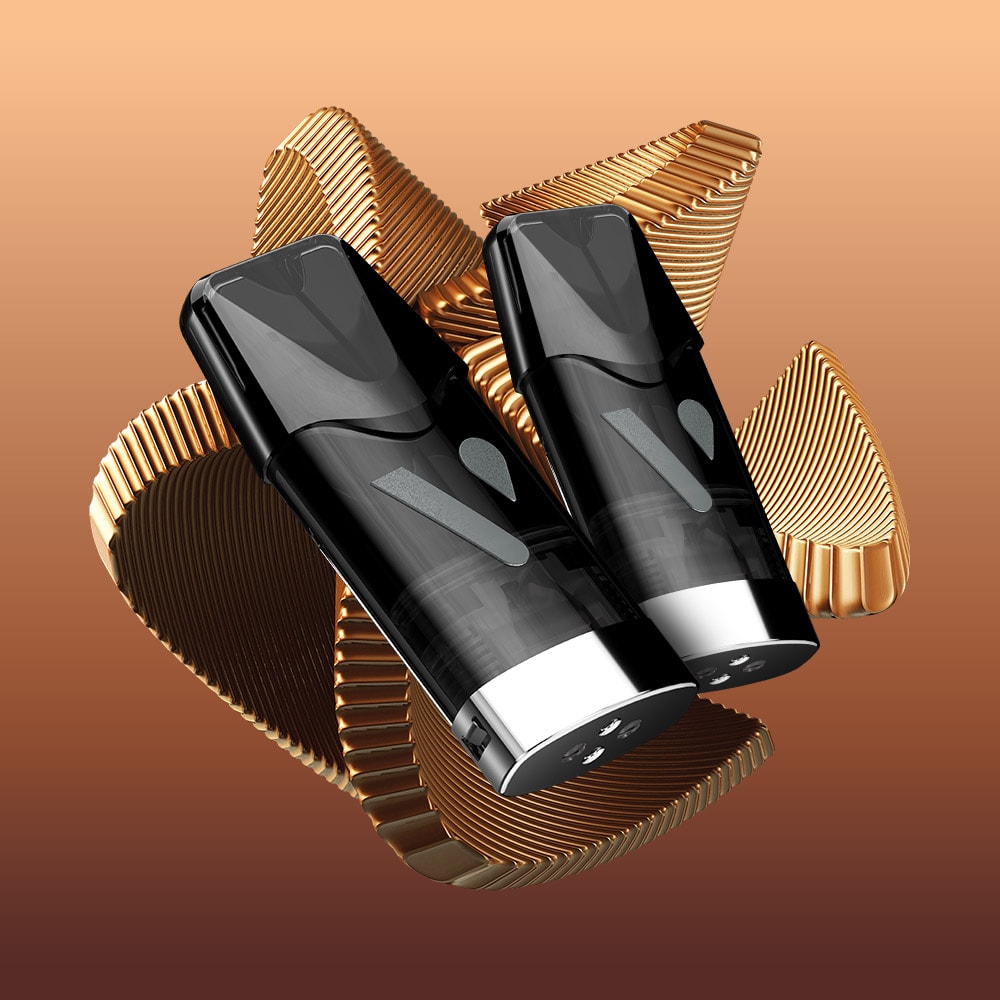 Two sleek black and silver vape cartridges, identified as Vuse Pod Creamy Tobacco Extra Intense by VUSE, are positioned upright and overlapping against a backdrop of swirling, gold-colored abstract shapes on a gradient brown background.