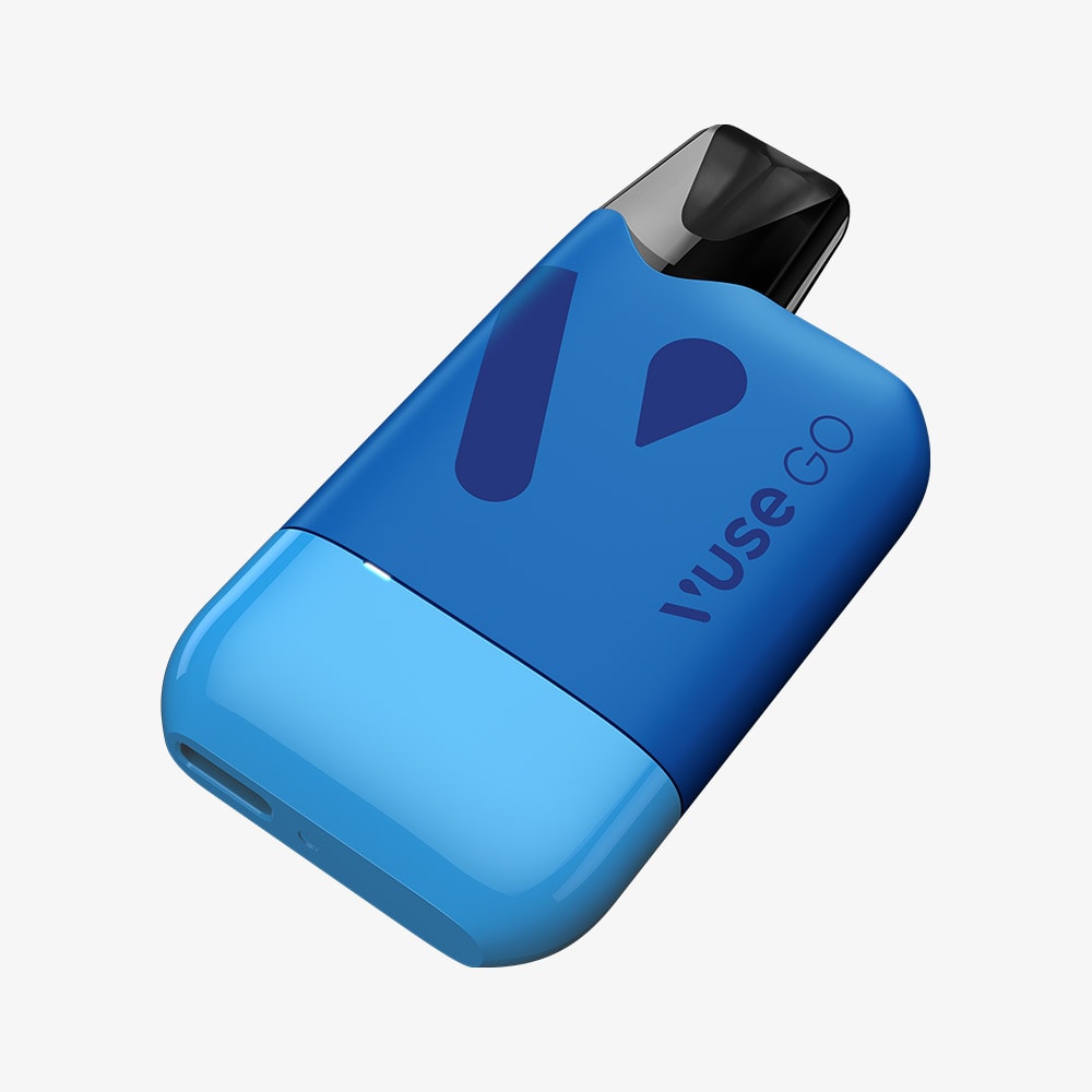 A VUSE Go Reload Blueberry Raspberry disposable vape device is featured with a blue body and black mouthpiece against a white background, emphasizing its compact design—perfect for those seeking an easy starter kit or looking to transition to a rechargeable device like the Vuse GO RELOAD.