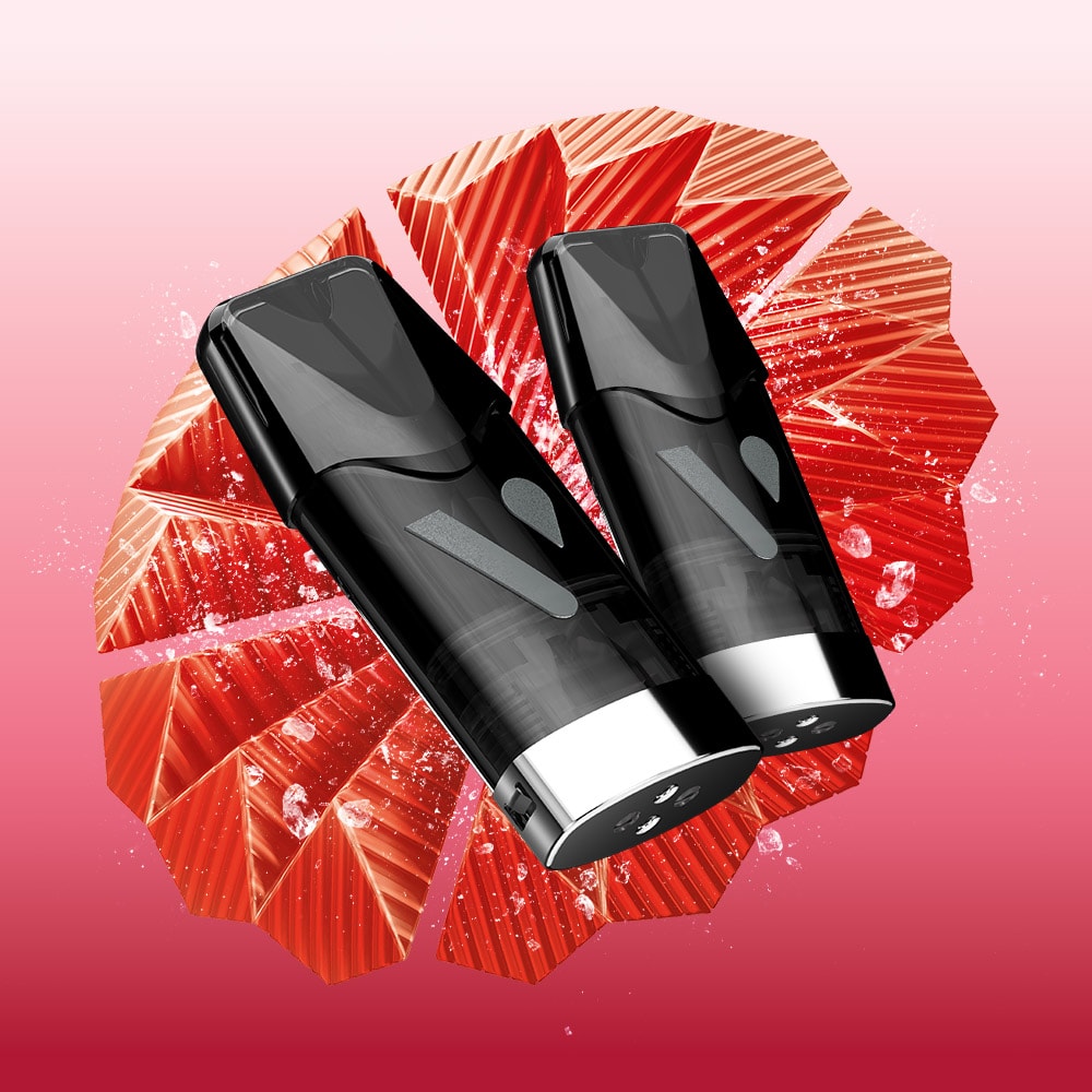 Two black VUSE pods sit side by side before a vivid, sliced red fruit backdrop speckled with water droplets and set against a pink gradient background—perfectly capturing the refreshing essence of Vuse Pod Strawberry Ice Extra Intense.
