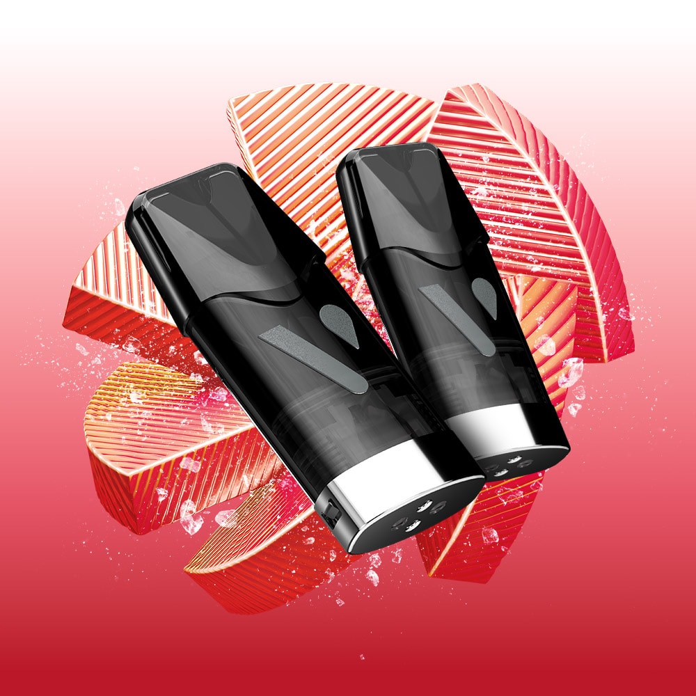 Two sleek black Vuse Pod Watermelon Ice Extra Intense cartridges from VUSE, each with a silver base, are positioned diagonally. The background displays abstract red and peach geometric shapes with a gradient that shifts from deep red to white at the top. These pre-filled e-liquid pods add a modern flair to any setup, seamlessly blending style and convenience.