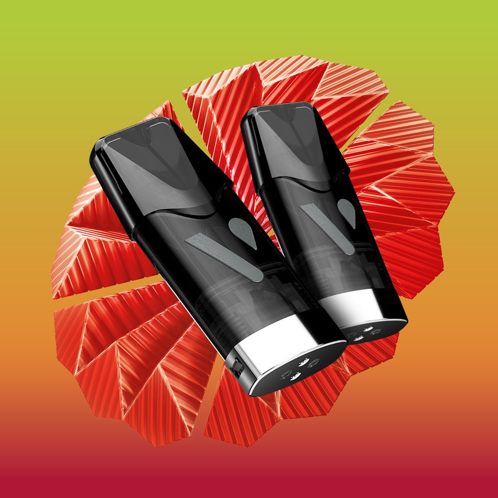 Two sleek black Vuse Strawberry Kiwi Extra Intense pods with silver bottoms are positioned in front of an abstract red geometric pattern on a green-to-red gradient background. These VUSE PRO compatible, pre-filled e-liquid pods combine bold design with vibrant flavor appeal.