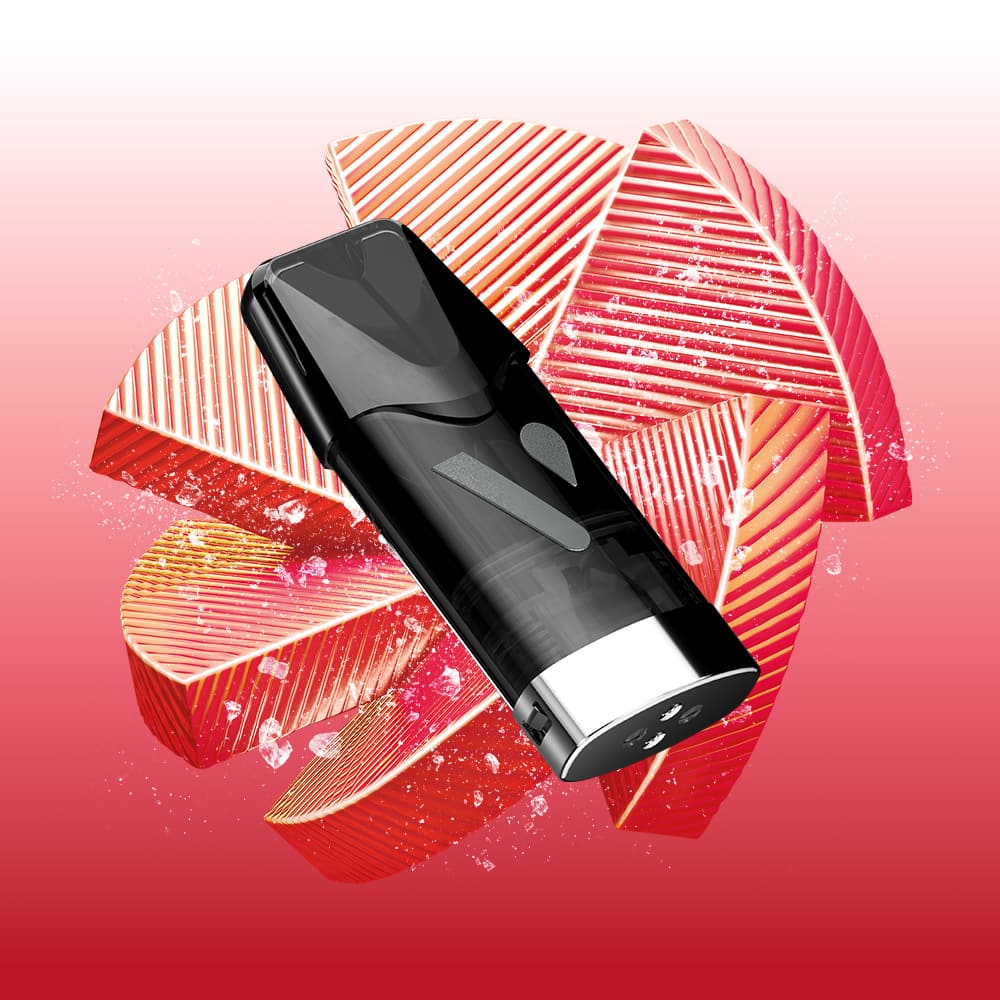 Vuse Ireland A black Vuse Pro One Box Watermelon Ice rechargeable vape device floating in front of stylized watermelon slices and ice cubes.