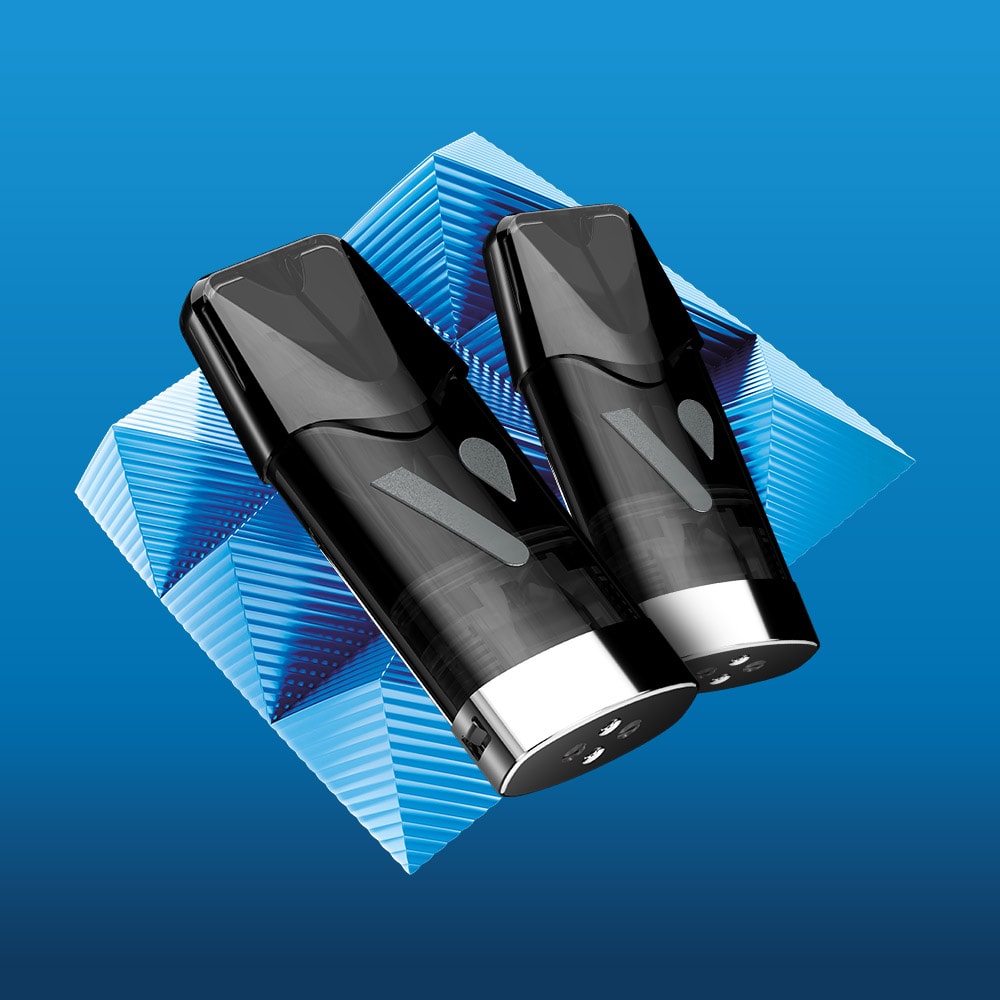 Two sleek black VUSE Vuse Pod Blueberry Ice Extra Intense pods with metallic bases are displayed side by side in front of a geometric blue cube background on a blue gradient backdrop, perfectly capturing the cool essence of Blueberry Ice.