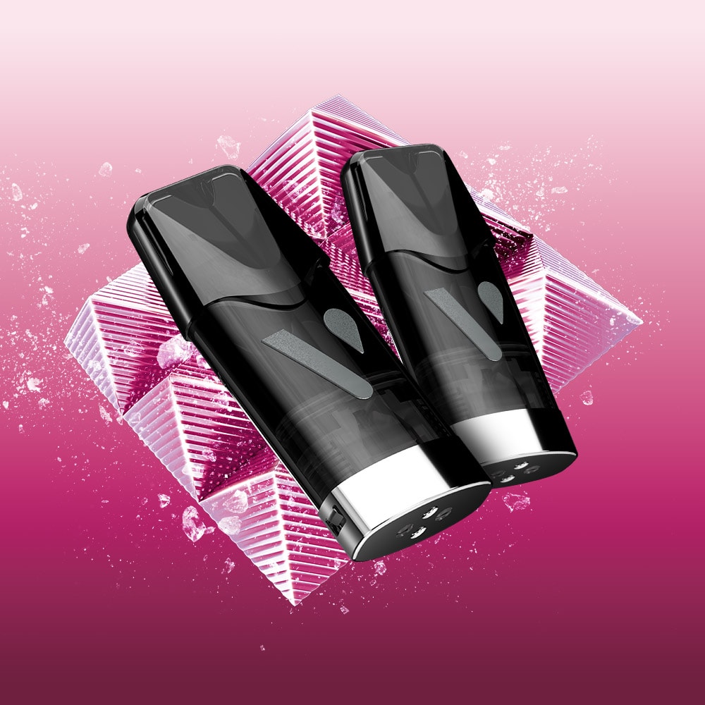 Two sleek black VUSE Pod Blackcurrant Ice Extra Intense spray bottles with silver bottoms are displayed in front of a shiny, geometric, purple-pink background with water splashes, evoking the modern and stylish appeal of the VUSE brand.