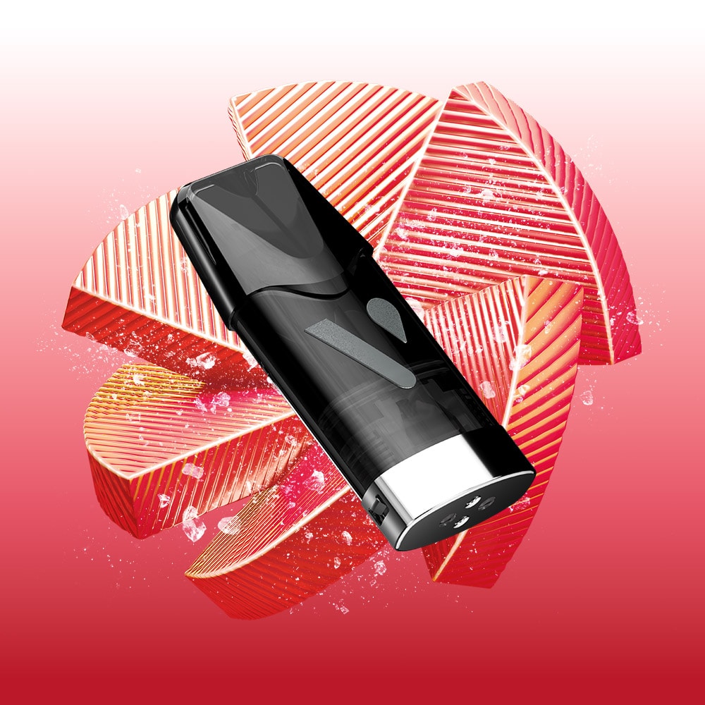 A sleek black VUSE Go Reload Watermelon Ice vape device is showcased at an angle atop a playful bed of pink wafer pieces and splashes, set against a gradient pink and white backdrop—the ideal starter kit for anyone eager to try the innovative Vuse GO RELOAD.