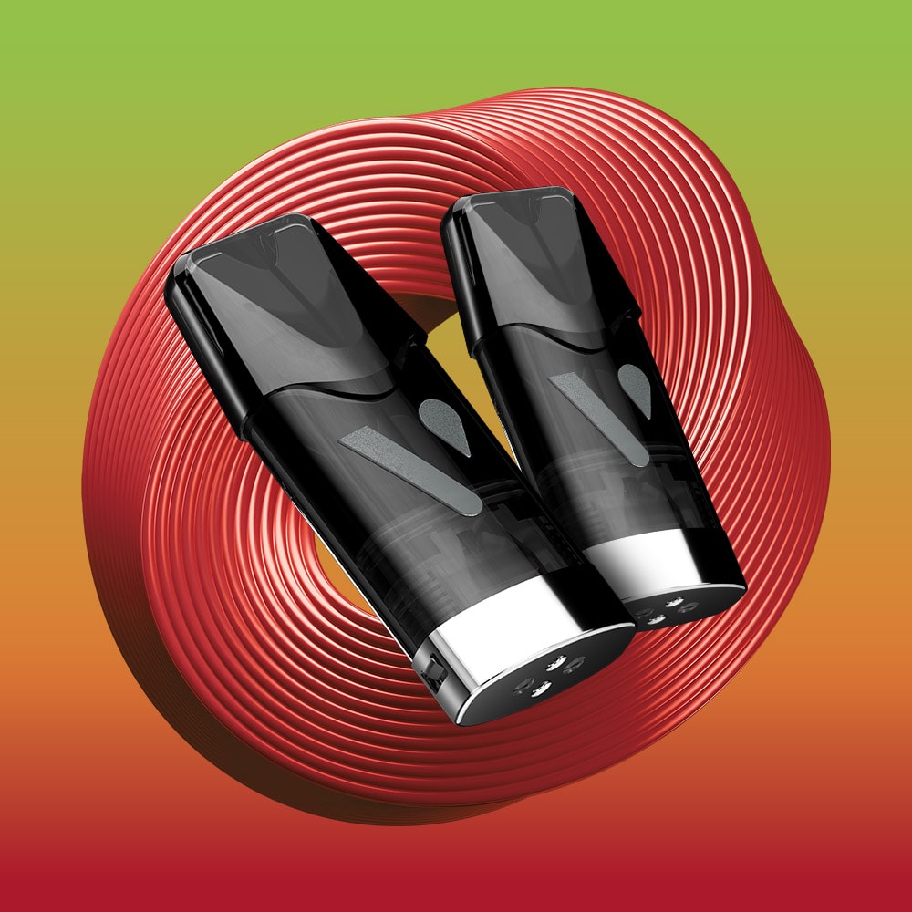 Two sleek black Vuse Double Apple Extra Intense pods from VUSE are positioned side by side, set against a swirling red spiral on a gradient green to orange background.