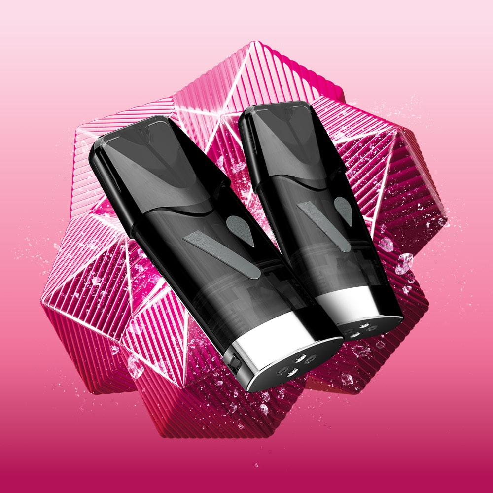 Two sleek black and silver vape devices are displayed in front of a shiny, faceted pink geometric background with water droplets, set against a pink gradient backdrop—perfect for enjoying the VUSE Raspberry Ice Extra Intense Pods or other pre-filled e-liquid pods packed with smooth nic salts.