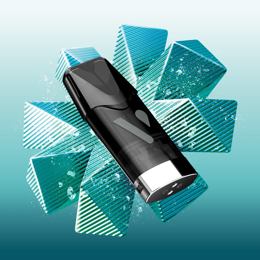 A sleek black VUSE Pro One Box Mint Ice rechargeable vape device is centered over blue, icy, geometric shapes, with a water droplet icon and splashes that evoke a cool, refreshing sensation—enhanced by innovative FlavourFlow technology.