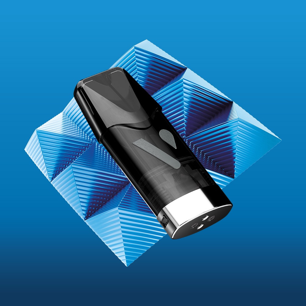 A sleek black and silver VUSE Go Reload Blueberry Raspberry rechargeable vape device is displayed at an angle above geometric blue shapes on a blue gradient background.