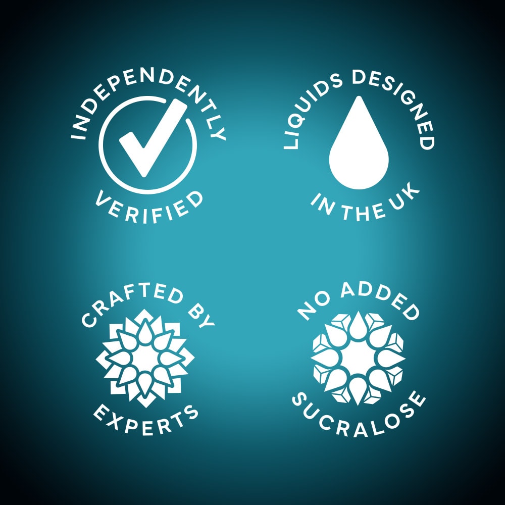 Four white icons on a blue background represent the features of the VUSE Vuse Pro Device Kit: “Independently Verified” with a check mark, “Liquids Designed in the UK” with a droplet, “Crafted by Experts,” and “No Added Sucralose,” each set against a geometric pattern—designed for seamless compatibility and fast charging convenience with your Vuse Pro Device Kit.
