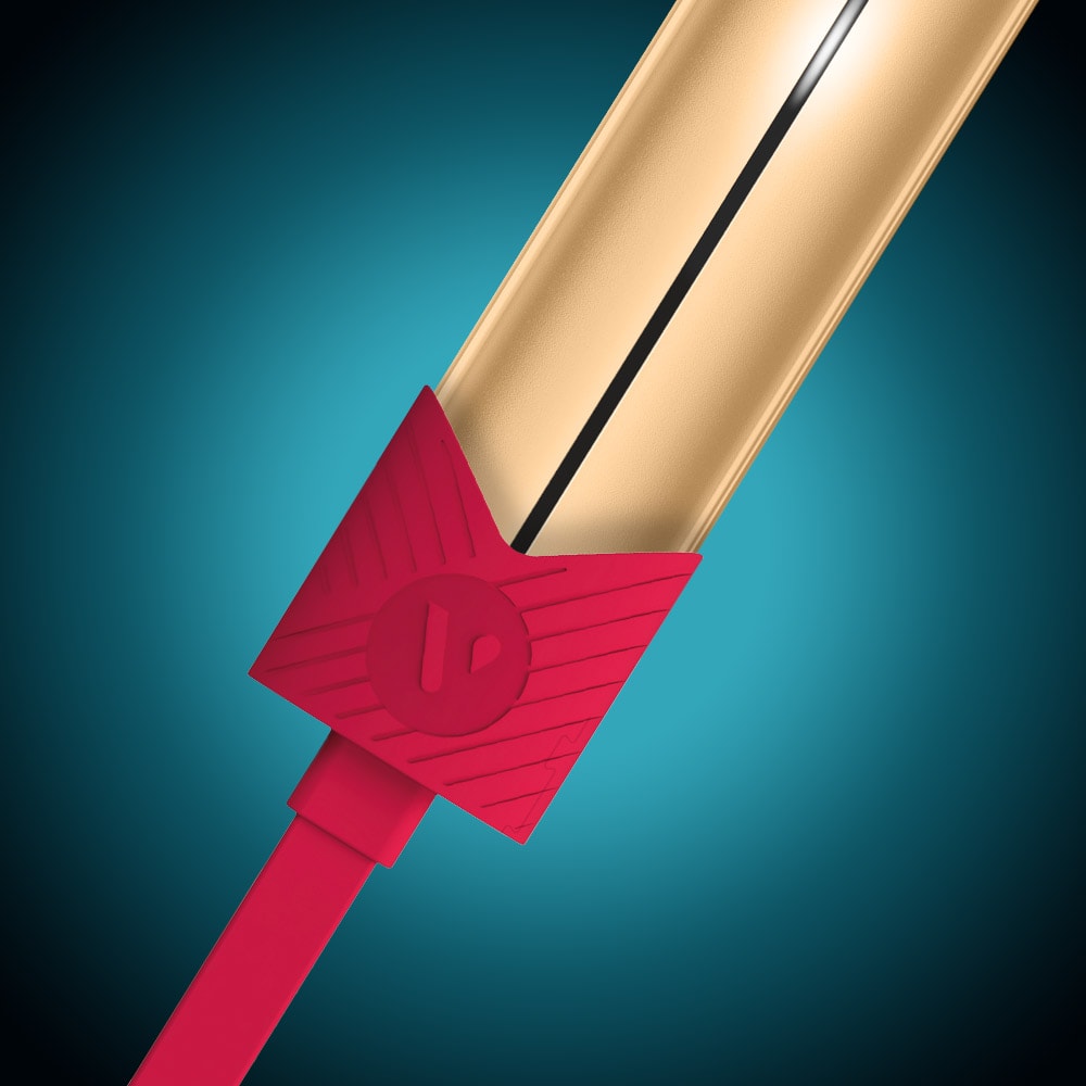 A close-up of the VUSE Vuse Pro Device Kit, featuring a sleek red handle and cord with a gold barrel, set against a blue gradient background—its modern design echoing the aesthetics of contemporary fast-charging devices.