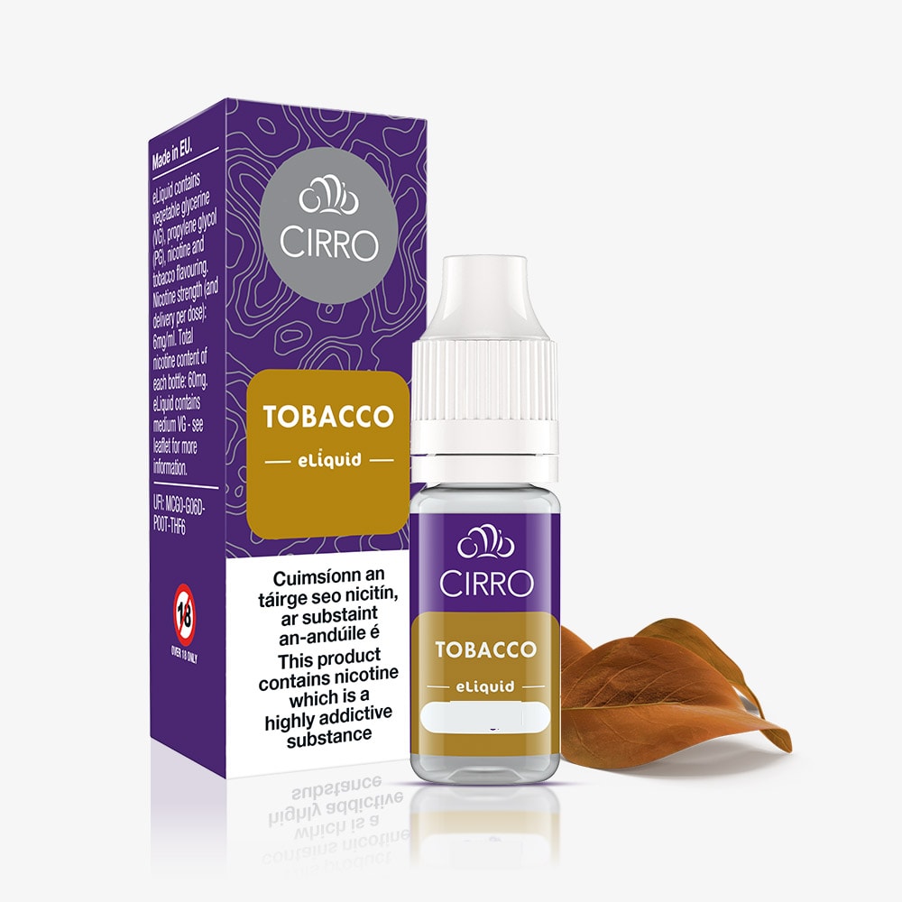 A CIRRO eLiquid Bottle Regular Tobacco and its box are pictured alongside two brown tobacco leaves. The packaging features product information and a nicotine warning label, emphasizing this classic 50:50 vape juice by CIRRO for an authentic tobacco vaping experience.