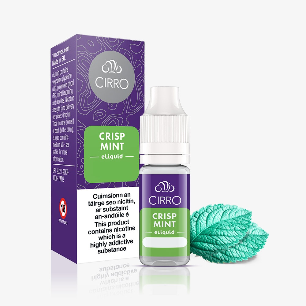 A CIRRO eLiquid Bottle Crisp Mint and its box are displayed alongside fresh mint leaves. The packaging showcases a vibrant purple and green design, includes a nicotine warning label, and highlights the smooth 50:50 blend of this refreshing mint-flavoured vape juice.