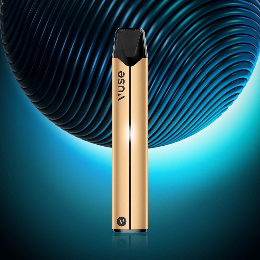 Vuse Ireland A sleek gold VUSE Vuse Pro Device Kit stands upright against a glowing blue background, with a large, textured blue sphere behind it, hinting at fast charging capabilities.