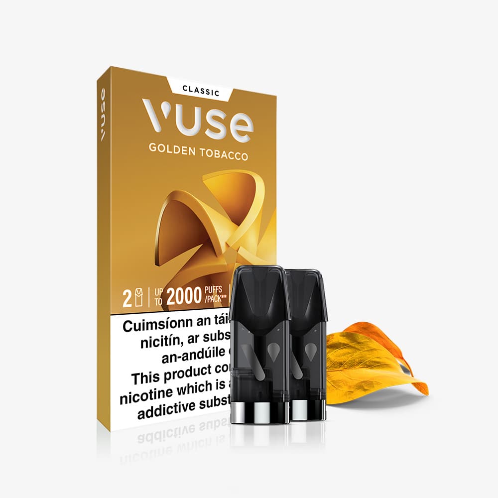 Vuse Ireland Golden Tobacco Vuse Classic Flavour Pods box by VUSE, shown with two black pods in front, a golden tobacco leaf illustration, and health warning text at the bottom. Enjoy smooth Golden Tobacco nic salts for a satisfying vaping experience.