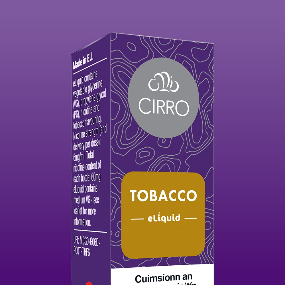A box of CIRRO eLiquid Bottle Regular Tobacco is displayed against a purple background. The packaging highlights the ingredients and nicotine strength, with a gold label featuring "Regular Tobacco" in white text. This CIRRO vape juice provides a balanced 50:50 ratio for a smooth vaping experience.