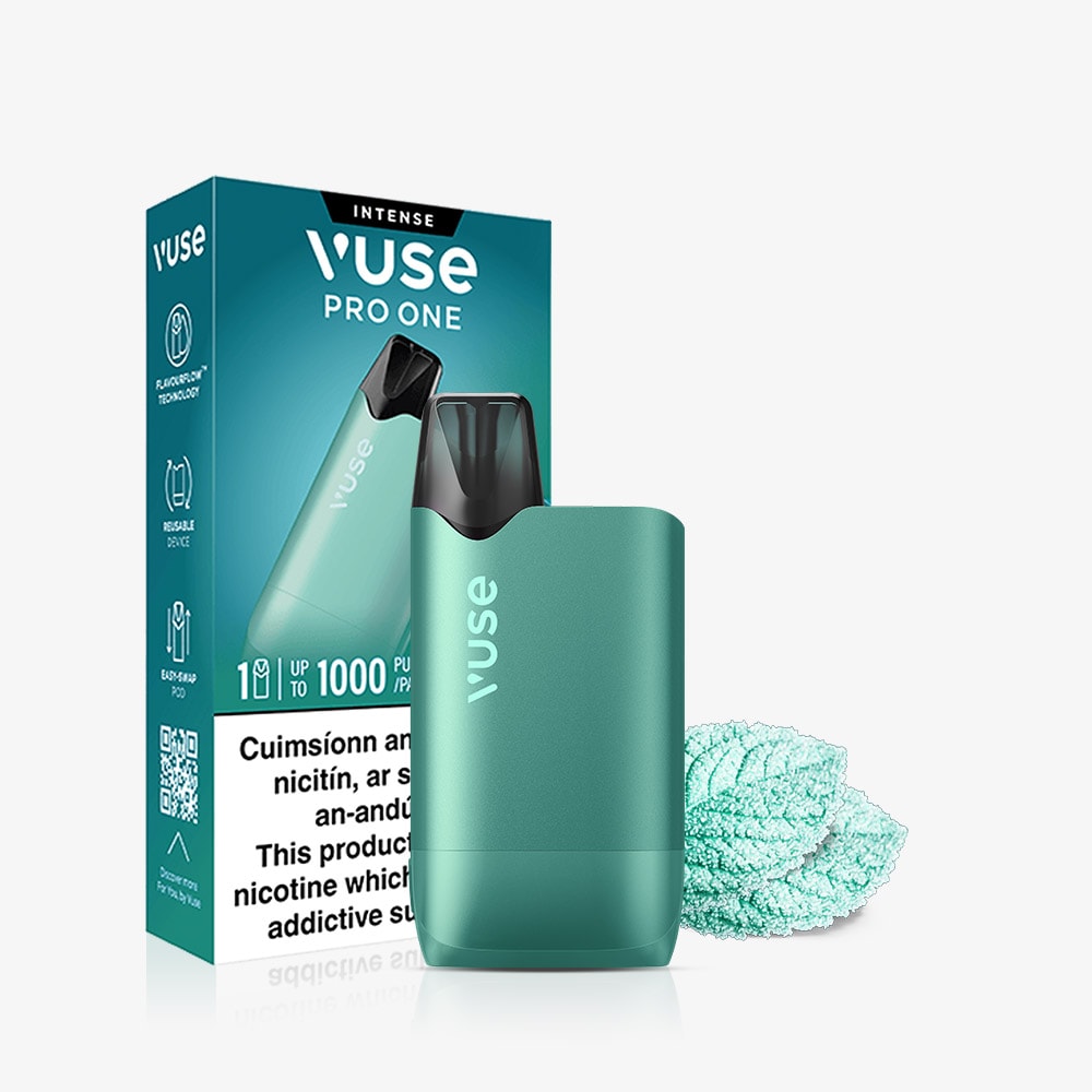 A VUSE Pro One Box Mint Ice rechargeable vape device in teal is displayed alongside its matching product box, accompanied by fresh mint leaves. Highlighting Vuse's innovative FlavourFlow technology, the box presents key product details and a nicotine warning label.