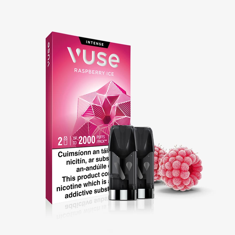 Vuse Ireland A VUSE Raspberry Ice Extra Intense vape pod pack featuring two pre-filled e-liquid pods, presented in a pink, raspberry-themed box with two illustrated raspberries displayed beside it. The box text emphasizes the refreshing Raspberry Ice Extra Intense flavor, puff count, and health warnings, and notes the inclusion of nic salts for a smooth nicotine experience.