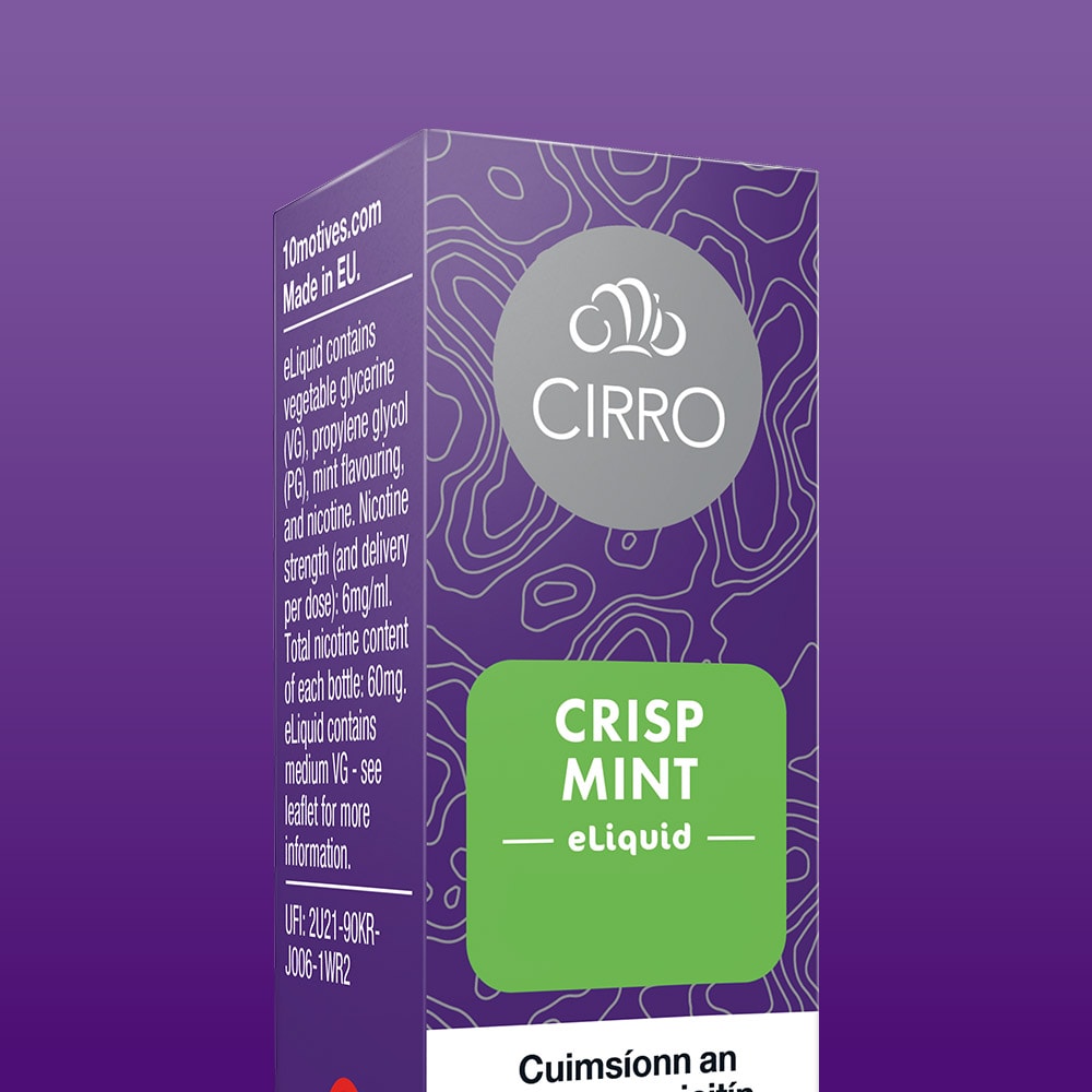 A purple box of Cirro eLiquid Bottle Crisp Mint by CIRRO features white and green labels, ingredient information, and a swirl logo on a purple patterned background. This mint flavour e-liquid delivers a refreshing vape experience with every puff.