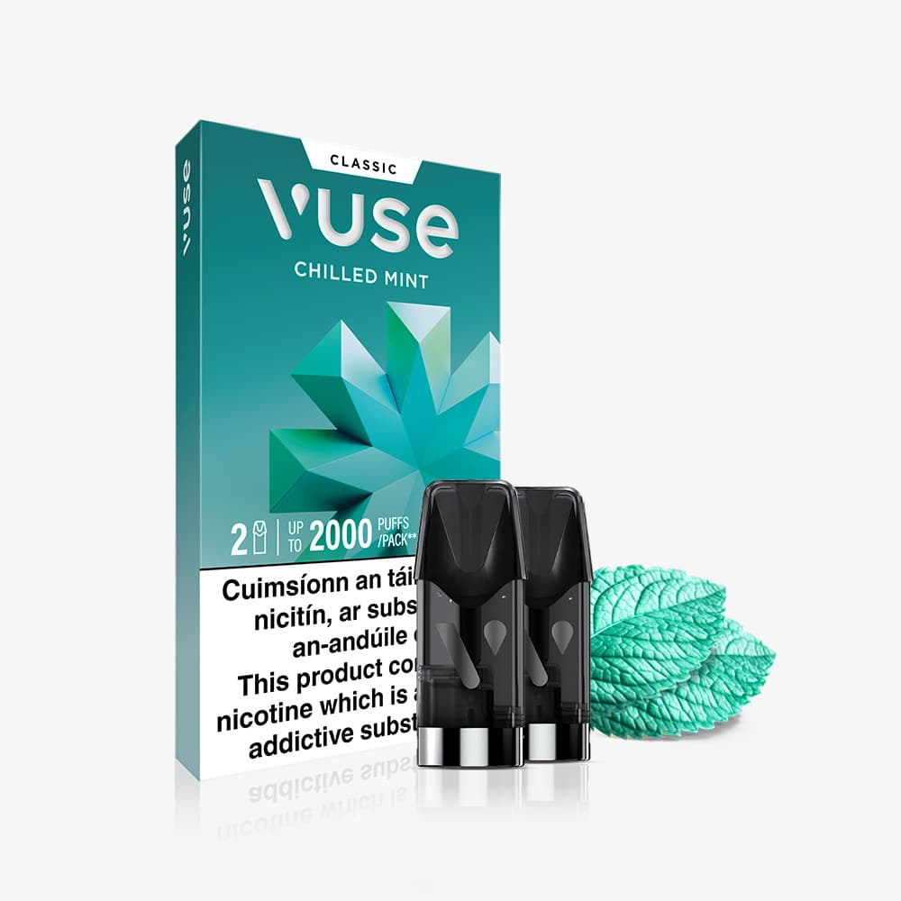 Vuse Ireland VUSE Chilled Mint Vuse Classic Flavour Pods pack, containing two pods with nic salts for a smooth experience, features a geometric mint-themed packaging with mint leaves and a visible nicotine warning label on the front. Compatible with VUSE PRO devices.