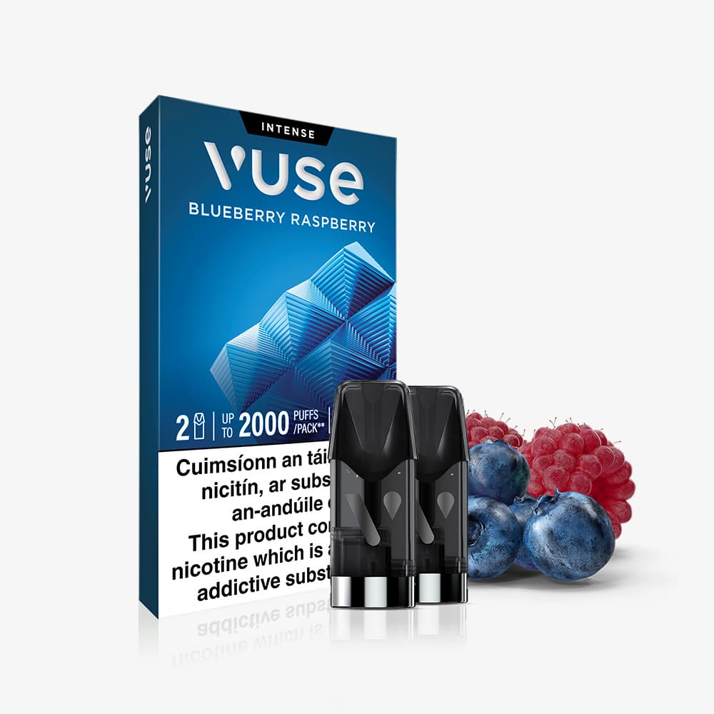 Vuse Ireland A box of VUSE Pod Blueberry Raspberry Extra Intense with two vape pods is displayed at the front, accompanied by fresh blueberries and raspberries to emphasize the vibrant fruity flavor. The pre-filled e-liquid pods offer convenient, ready-to-use vaping, and a warning label is clearly visible on the packaging.