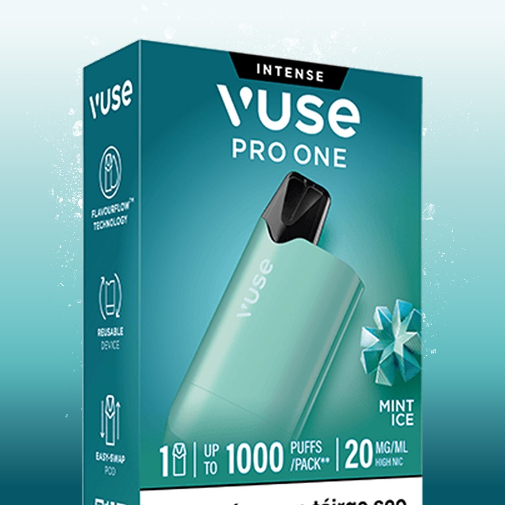 The VUSE Pro One Box Mint Ice features a rechargeable vape device with FlavourFlow technology, presented in a teal gradient box that displays the device, VUSE branding, icons, and product details such as up to 1000 puffs, 20mg/ml nicotine strength, and mint ice imagery.