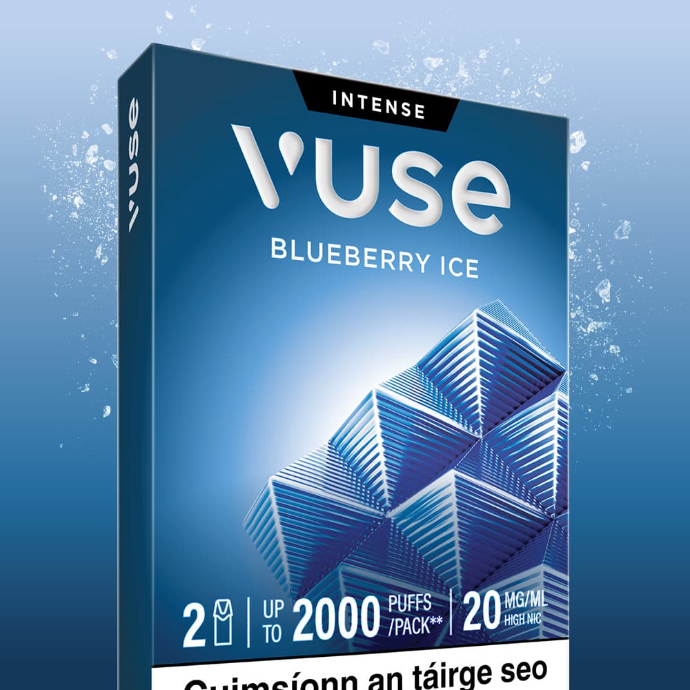 Vuse Ireland A blue VUSE Pod Blueberry Ice Extra Intense vape box showcases geometric patterns, the product name and details—2ml, up to 2000 puffs per pack, 20mg/ml nicotine strength, and “Intense.” Similar to the popular Blueberry Vuse Pods, this packaging also includes Irish text partially along the bottom.