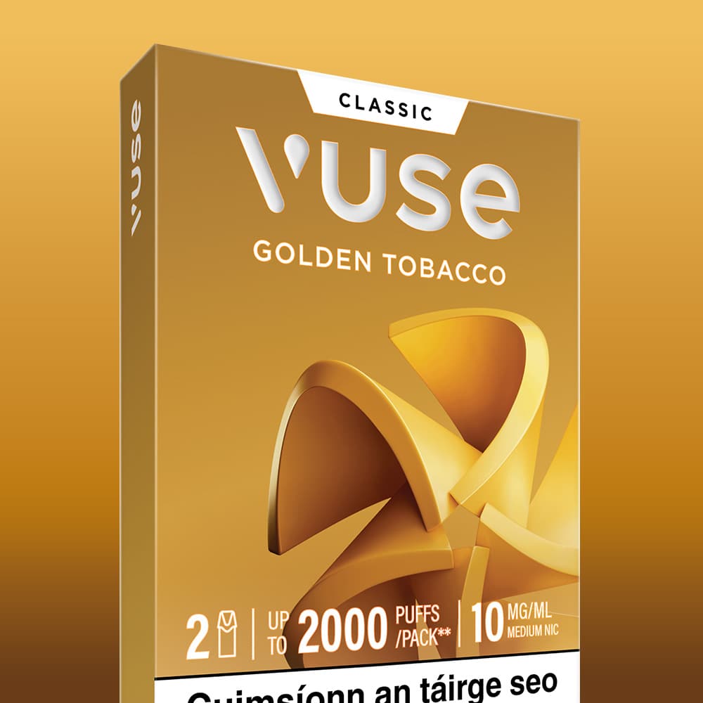 Vuse Ireland A gold and white pack of Golden Tobacco Vuse Classic Flavour Pods by VUSE displays product details: 2 ePod pods, up to 2000 puffs per pack, and 10 mg/ml nic salts nicotine. The background features a gradient gold design.