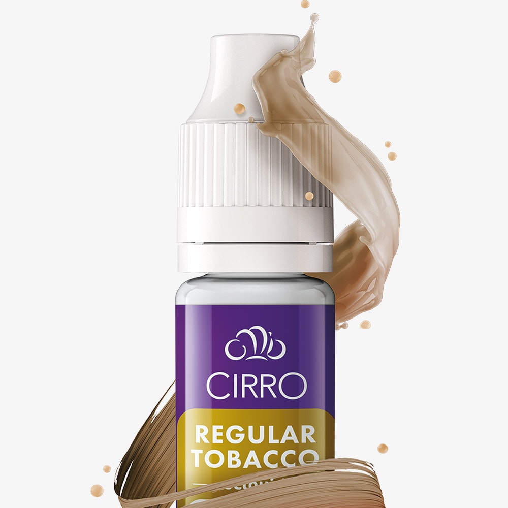 A CIRRO eLiquid Bottle Regular Tobacco, featuring a white cap and the CIRRO brand name, is set against a clean white background with swirling brown liquid and droplets—ideal for vapers seeking a smooth 50:50 blend.