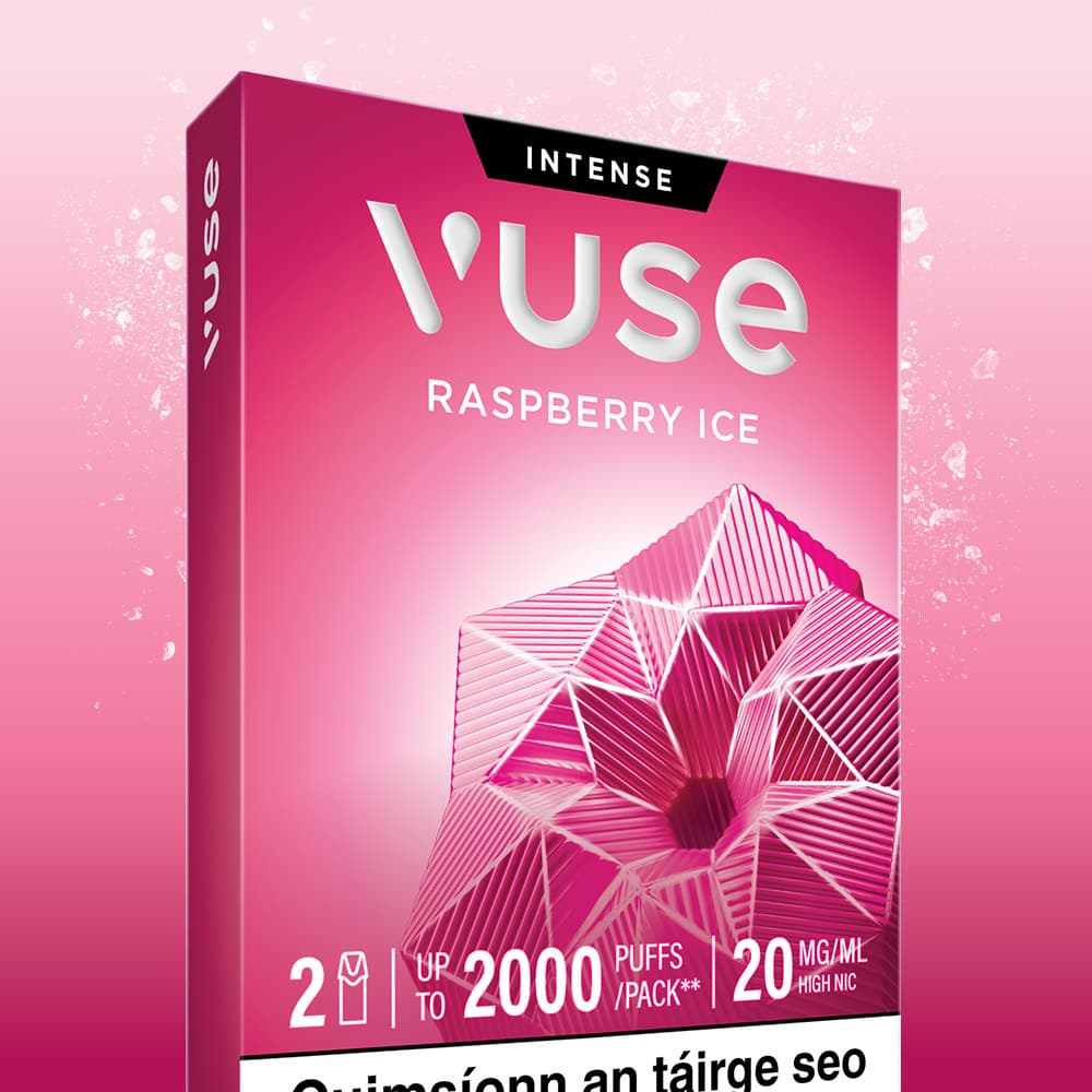 Vuse Ireland A pink VUSE Raspberry Ice Extra Intense vape box featuring a geometric design, labeled “Extra Intense,” advertises up to 2000 puffs per pack and 20 mg/ml nic salts, making it an ideal option for fans of Raspberry Ice VUSE Pods.