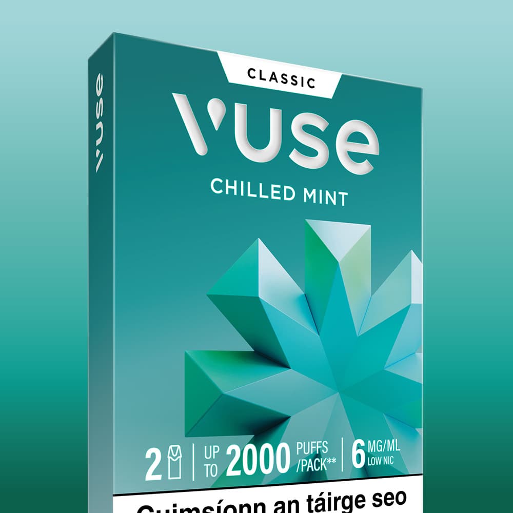 Vuse Ireland A teal and white VUSE Chilled Mint Vuse Classic Flavour Pods box featuring a geometric mint design, indicating 2 pre-filled e-liquid pods, up to 2000 puffs per pack, and 6 mg/ml nic salts (low nicotine) on the front.