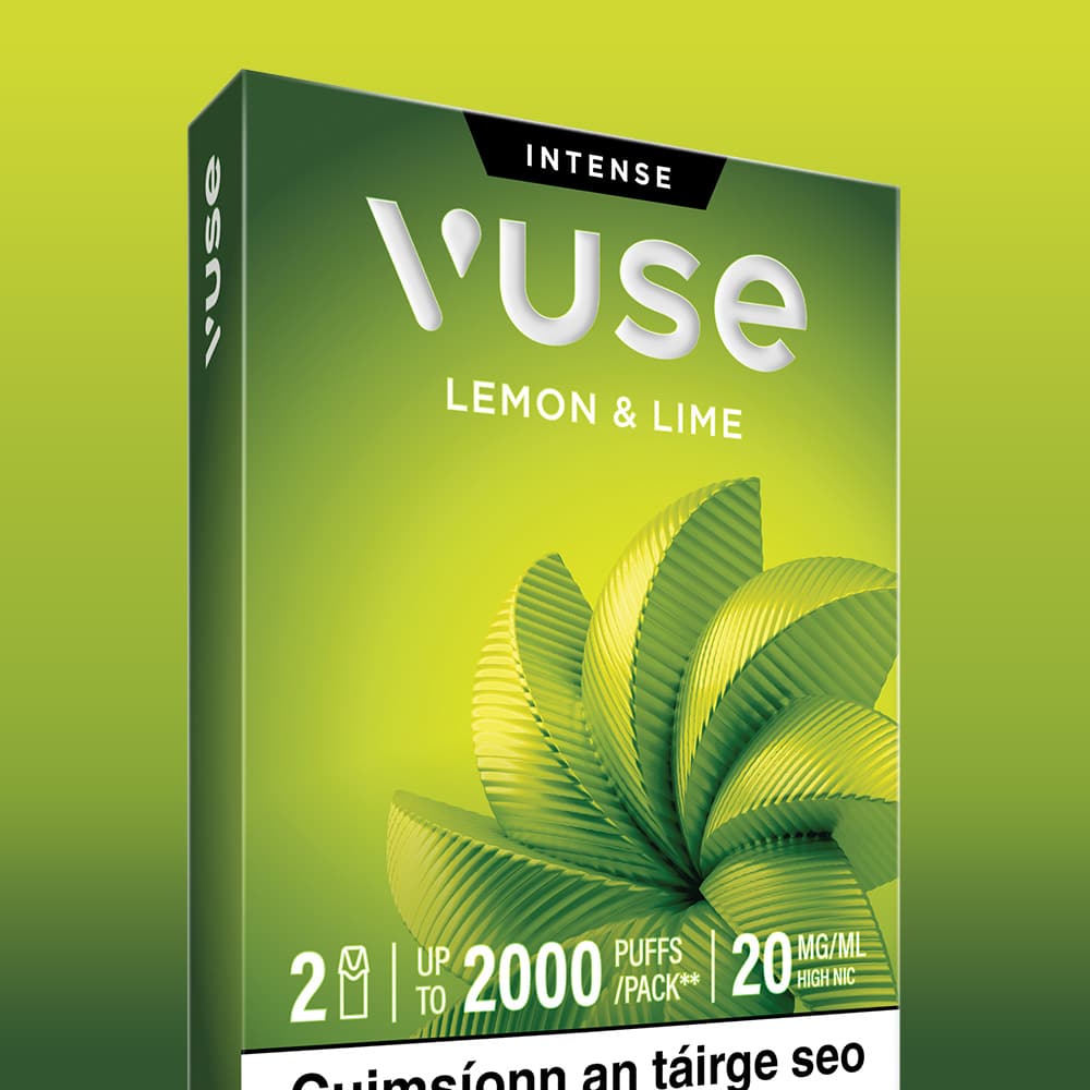 Vuse Ireland VUSE Lemon & Lime Extra Intense vape packaging with a leaf design features two devices, offers up to 2000 puffs per pack, and contains 20 mg/ml nicotine strength with nic salts. Irish text is shown at the bottom.