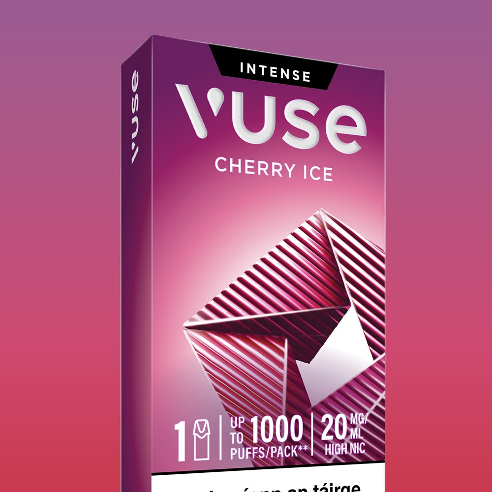 VUSE Cherry Ice Extra Intense (1P) vape packaging, showcasing a geometric pink and white design with the words "Intense," "Up to 1000 puffs/pack," and "20 mg high nic," set against a pink gradient background.