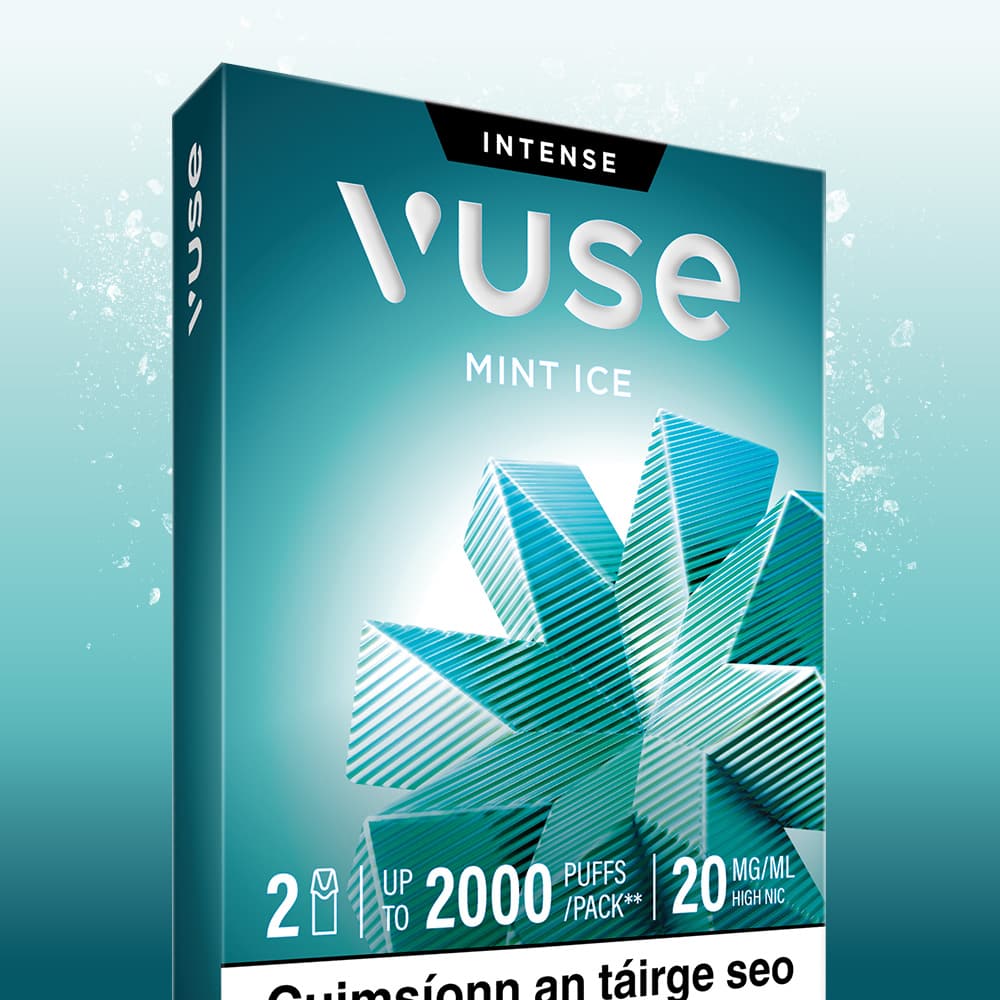 Vuse Ireland A teal VUSE Pod Mint Ice Extra Intense box displays geometric ice shapes, the words “Intense,” “Up to 2000 puffs/pack,” and “20mg/ml.” The sleek packaging emphasizes that these are pre-filled e-liquid pods from the Vuse Pods range, with partially visible Irish text at the bottom.