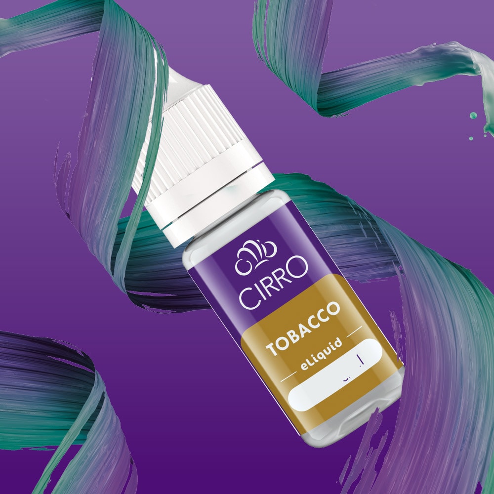 A bottle of CIRRO eLiquid Bottle Regular Tobacco, featuring a purple and gold label, is showcased against a purple backdrop accented with artistic green and purple brush strokes, emphasizing this smooth 50:50 vape juice for fans of tobacco e-liquid.