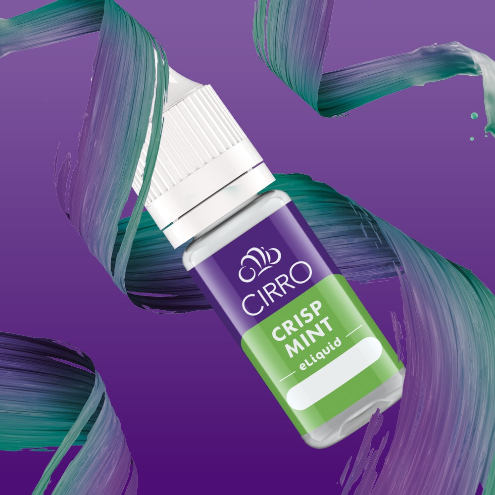 A bottle of Cirro eLiquid Bottle Crisp Mint by CIRRO hovers against a purple backdrop adorned with green and purple paint-like swirls, evoking the invigorating essence of this crisp mint flavour vape juice.