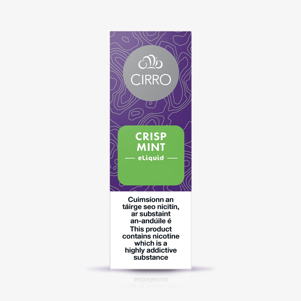 A purple and white box labeled Cirro eLiquid Bottle Crisp Mint from CIRRO, featuring a nicotine warning in both English and Irish indicating it is a highly addictive substance. This 50:50 e-liquid offers an invigorating mint flavour for a refreshingly satisfying vape juice experience.