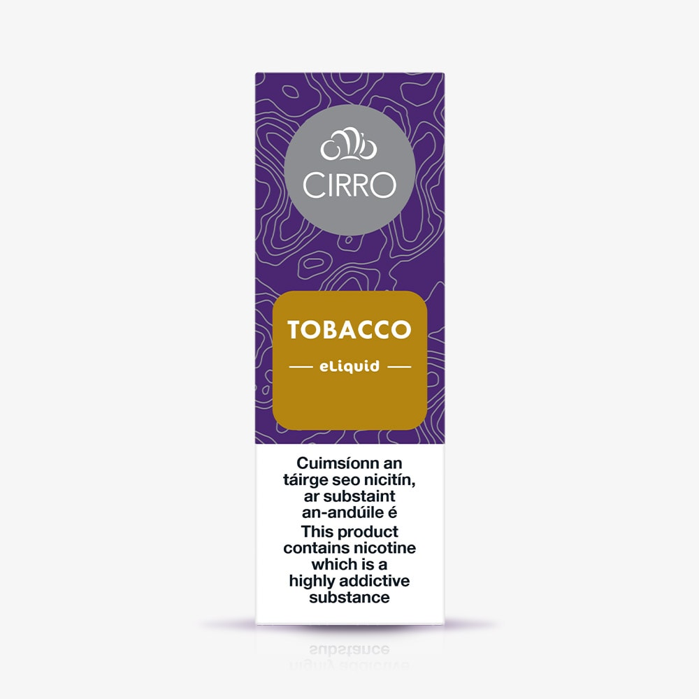 A box of CIRRO eLiquid Bottle Regular Tobacco features a purple top and a gold label stating "Tobacco eliquid," along with nicotine warnings in both English and Irish highlighting that it’s a highly addictive substance. This expertly blended 50:50 vape juice delivers balanced flavour and smooth satisfaction for CIRRO enthusiasts who appreciate Regular Tobacco.
