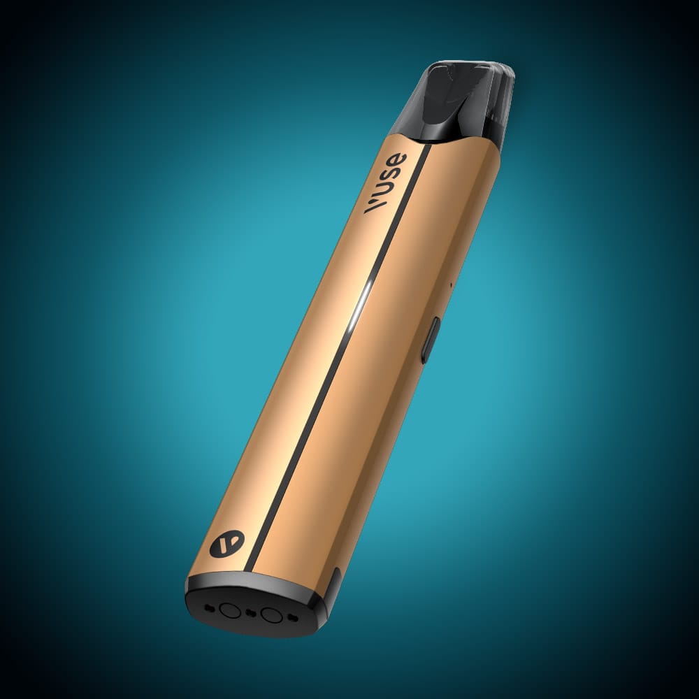 Vuse Ireland A VUSE Vuse Pro Device Kit in gold, featuring a black mouthpiece, is displayed upright against a blue gradient background, showcasing its sleek design and rapid charging feature.