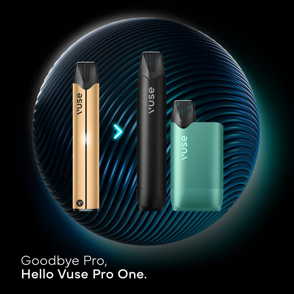 Vuse Ireland Three VUSE vape devices are displayed. An arrow leads from two older ePod models on the left to a new, more compact green Vuse Pro Device Kit with fast charging on the right. Text reads: Goodbye Pro, Hello Vuse Pro Device Kit.