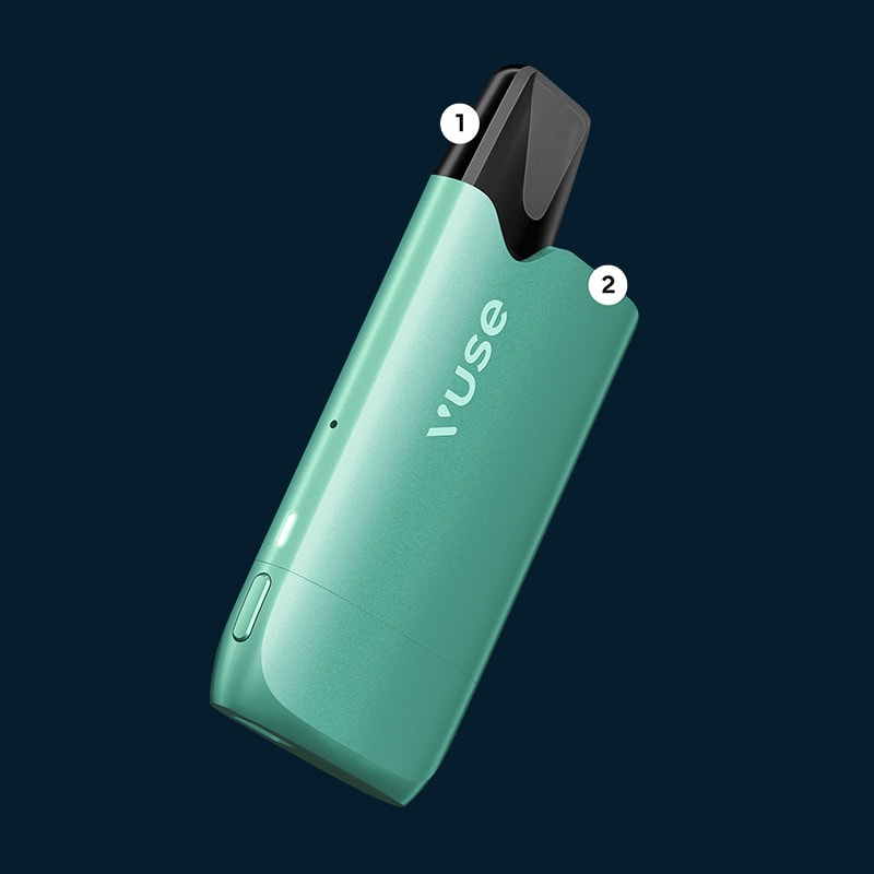 Vuse Ireland A teal Vuse vape device with a black mouthpiece on a dark background. White numbers label the mouthpiece (1) and the Vuse logo on the devices body (2).