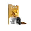 A package of VUSE Pod Golden Tobacco e-liquid features two pods in front, loose tobacco, and health warnings about nicotine and nic salts in English and Irish, all shown on a white background.