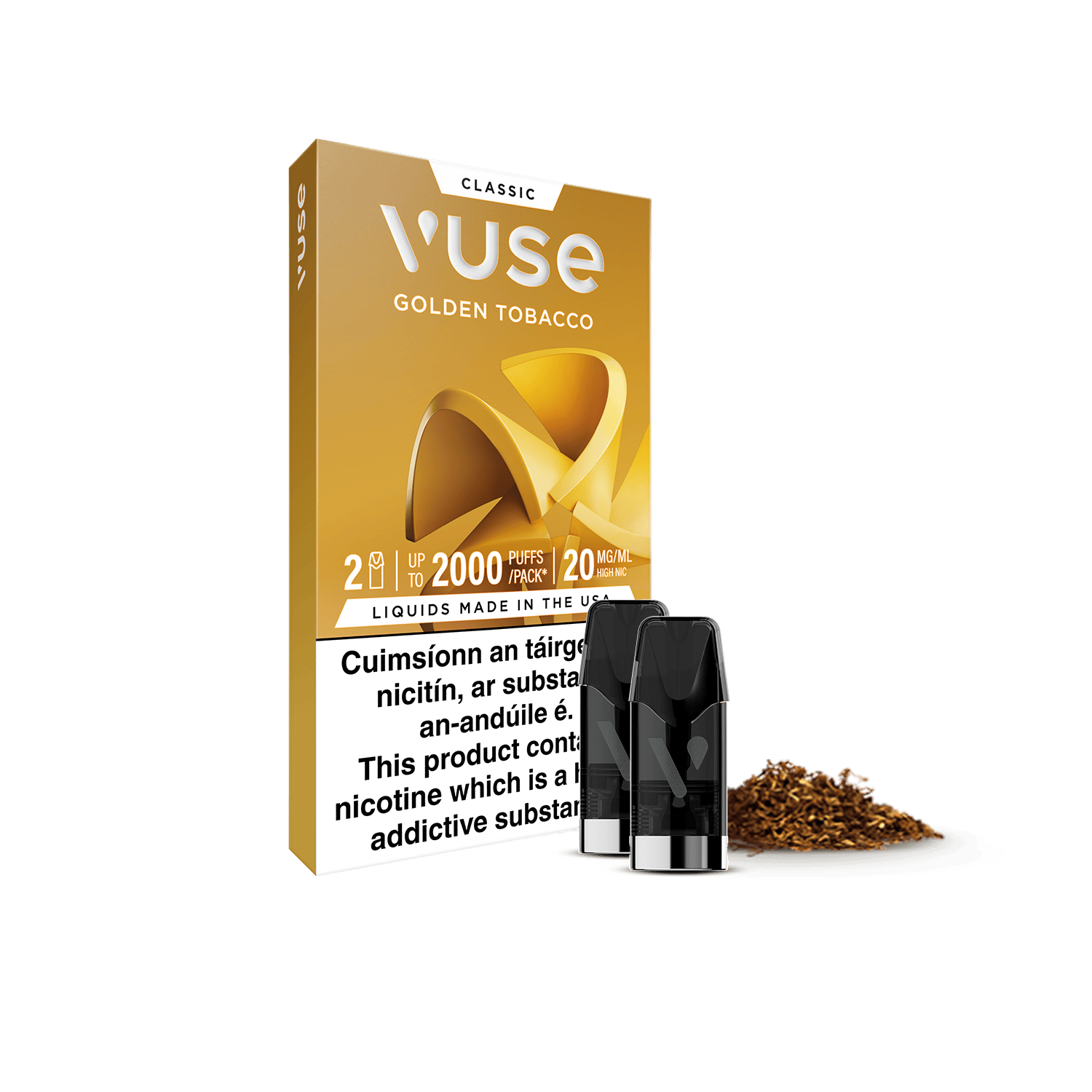 A package of VUSE Pod Golden Tobacco e-liquid features two pods in front, loose tobacco, and health warnings about nicotine and nic salts in English and Irish, all shown on a white background.