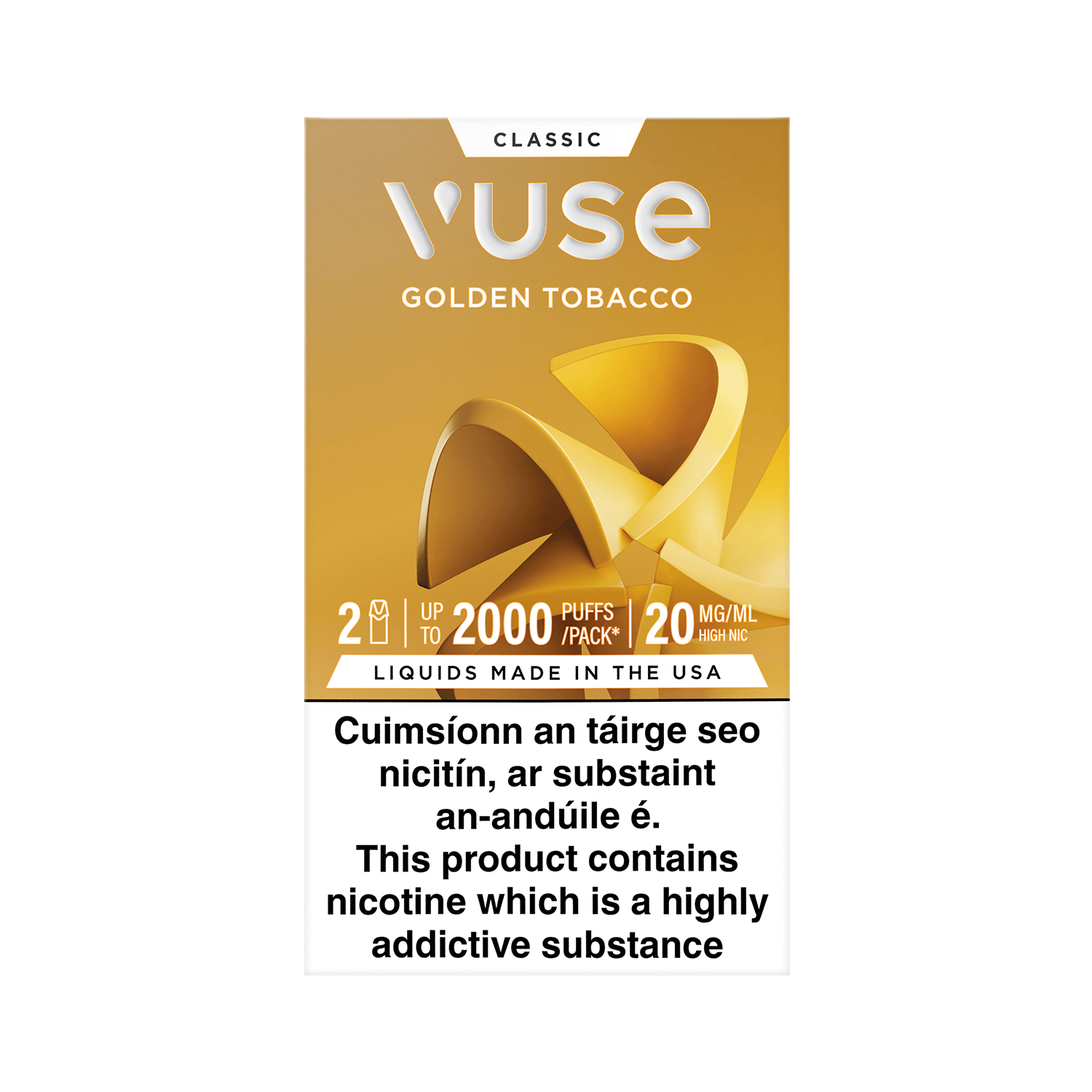 A VUSE Vuse Pod Golden Tobacco box with gold graphics. Text says “Up to 2000 puffs/pack,” “20 mg/ml high nicotine nic salts,” and features a bilingual health warning in Irish and English about nicotine addiction.